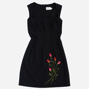 Vintage 90s Black Embroidered 3D Floral Dress Size 6 Whimsigoth Fairy Grunge